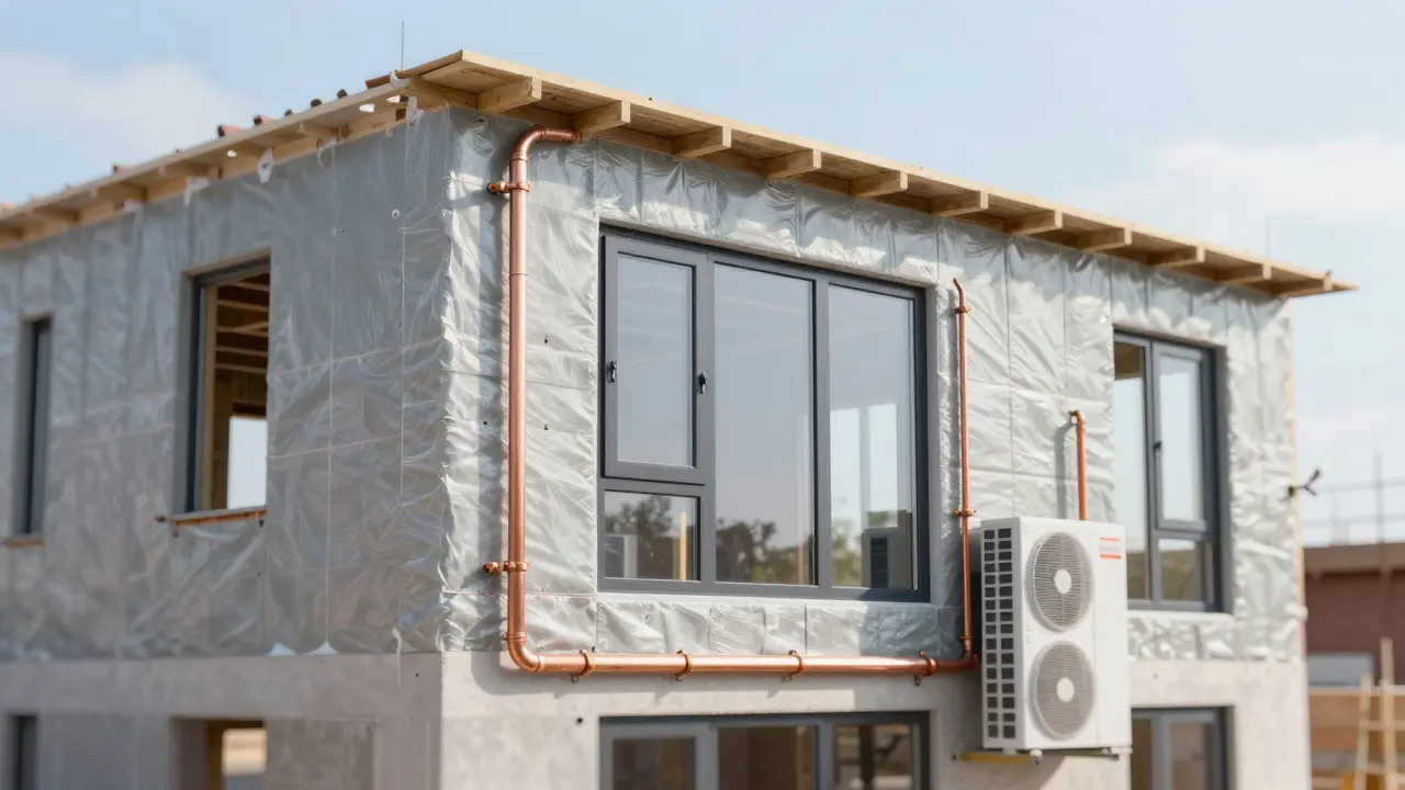 Baustelle mit dicker Isolierung und neuen Fenstern im Rohbau.