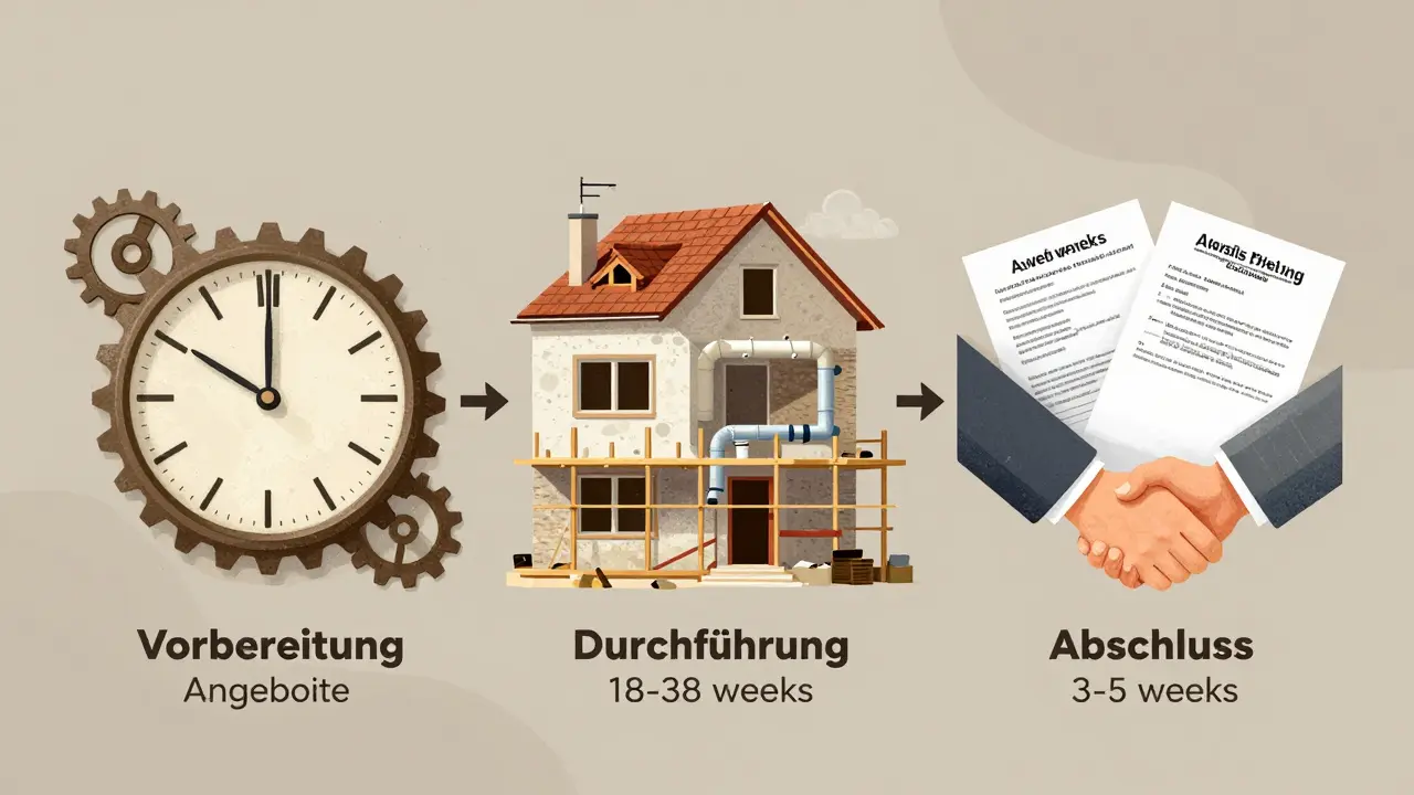 Drei Phasen einer Renovierung: Vorbereitung, Durchführung und Abschluss, visualisiert als zeitlicher Ablauf mit Schlüsselereignissen.