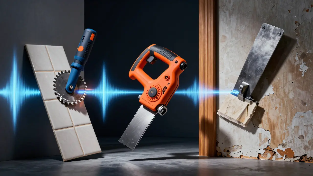 Drei Werkzeugaufsätze eines Multifunktionswerkzeugs in Aktion: Fugenkratzer, Holzsäge und Schaber.