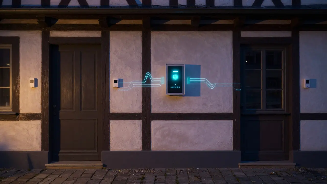 Ein altes deutsches Haus bei Dämmerung mit diskreten Smart-Home-Sensoren, die drahtlos verbunden sind und eine unsichtbare, effiziente Sicherheit symbolisieren.