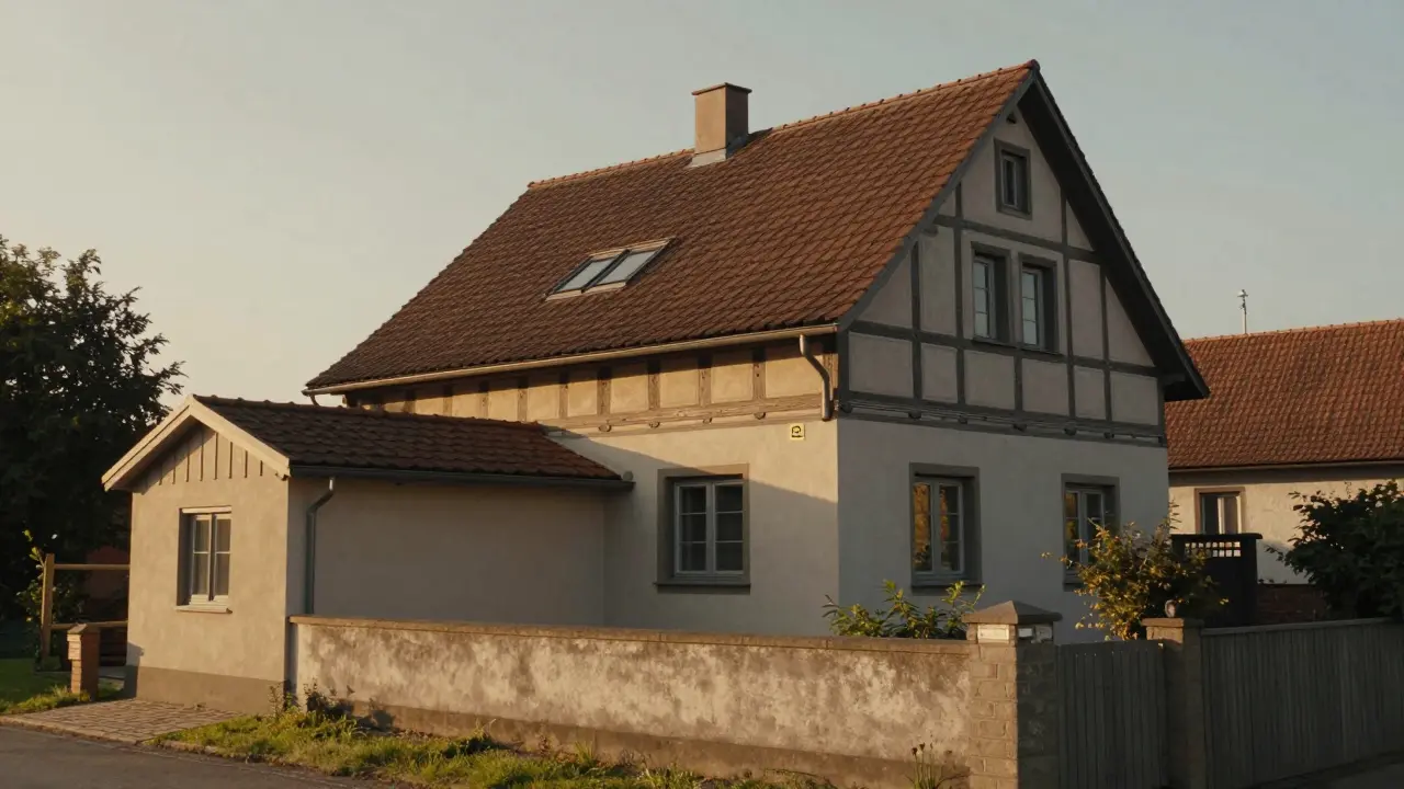 Ein Einfamilienhaus mit neu gestrichener Fassade, kleinem Carport und niedriger Gartenmauer in Deutschland.