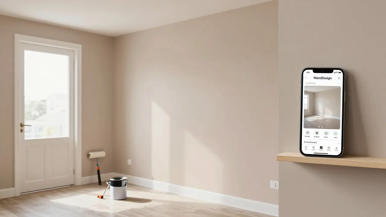 Ein frisch gestrichenes Wohnzimmer mit sauberen Kanten und gleichmäßiger Farbgebung, ein offener Farbeimer und eine saubere Rolle stehen daneben.