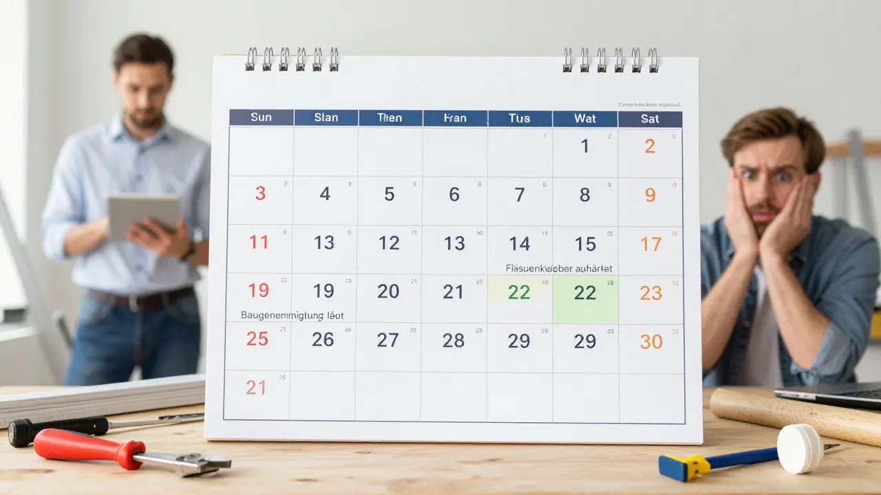 Ein Kalender mit Trocknungszeiten und Genehmigungsfristen, dargestellt neben professioneller Planung und überfordertem Eigenheimbesitzer.