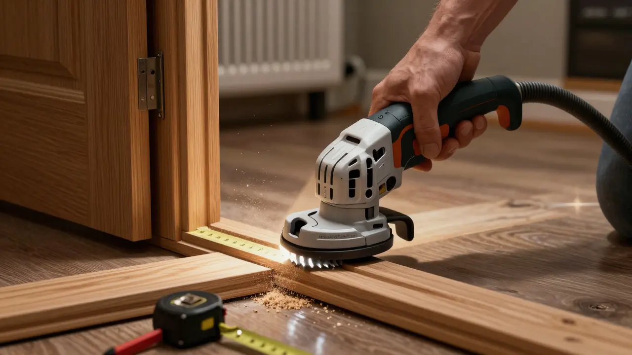 Ein Multifunktionswerkzeug schneidet präzise einen Türrahmen an, um ihn an einen neuen Boden anzupassen.