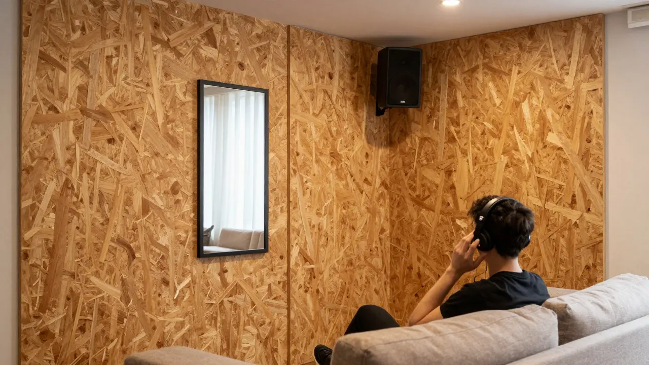 Ein Wohnzimmer mit akustischen und MDF-Paneelen an drei Wänden, eine Person hört Musik mit Kopfhörern.