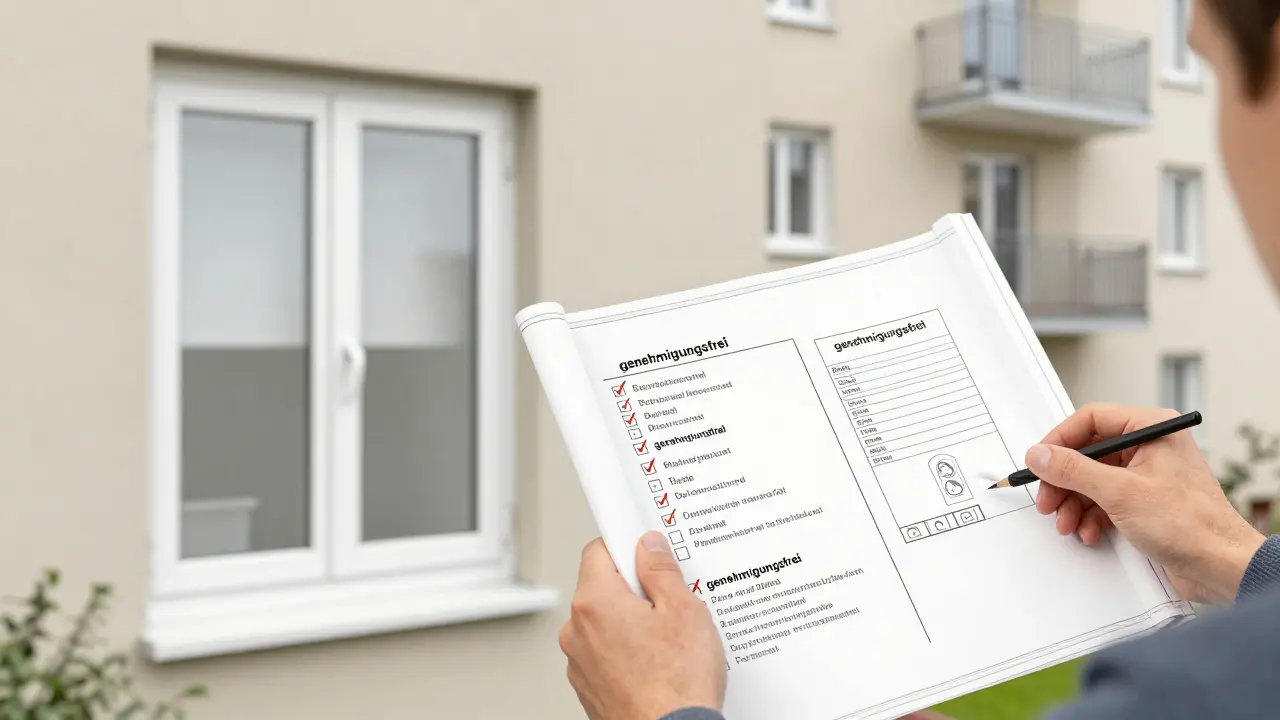 Eine Bewohnerin prüft eine Liste mit genehmigungsfreien Renovierungsarbeiten neben einem Fenster, das sie ausgetauscht hat.