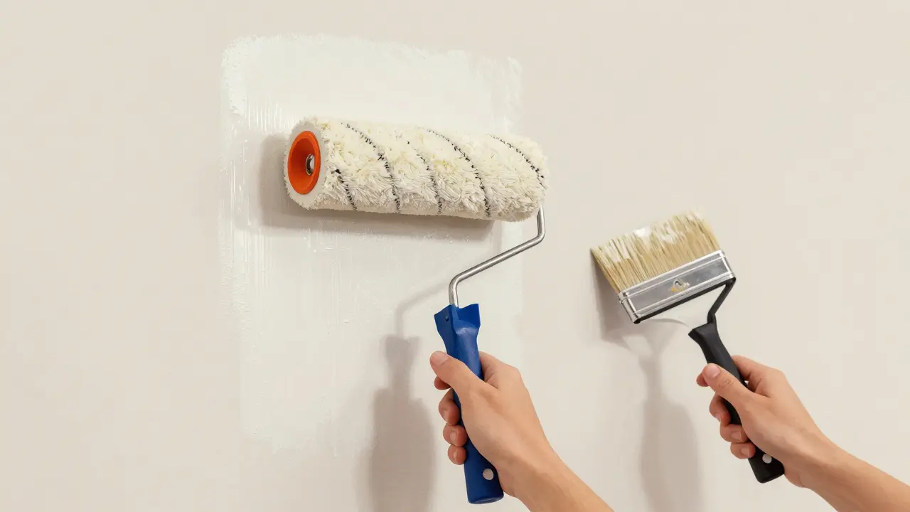 Eine Hand streicht mit einer Rolle in W-Form eine Wand, während eine zweite Person die Nass-in-Nass-Technik unterstützt.