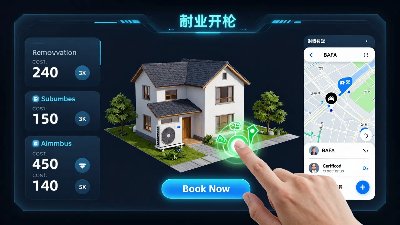 Futuristische Sanierungs-App zeigt 3D-Hausmodell mit Kosten, Förderung und zertifizierten Handwerkern.