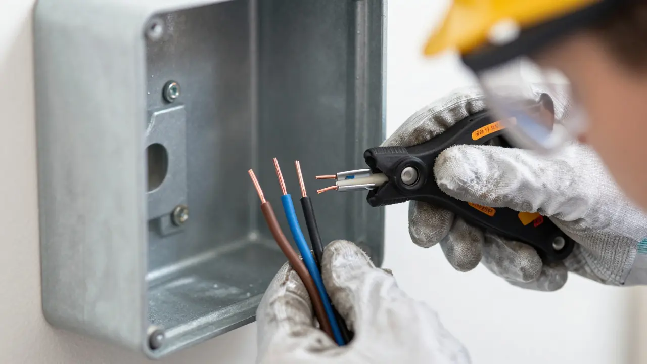 Hände eines Elektrikers verbinden farbcodierte Kabel sicher ein.