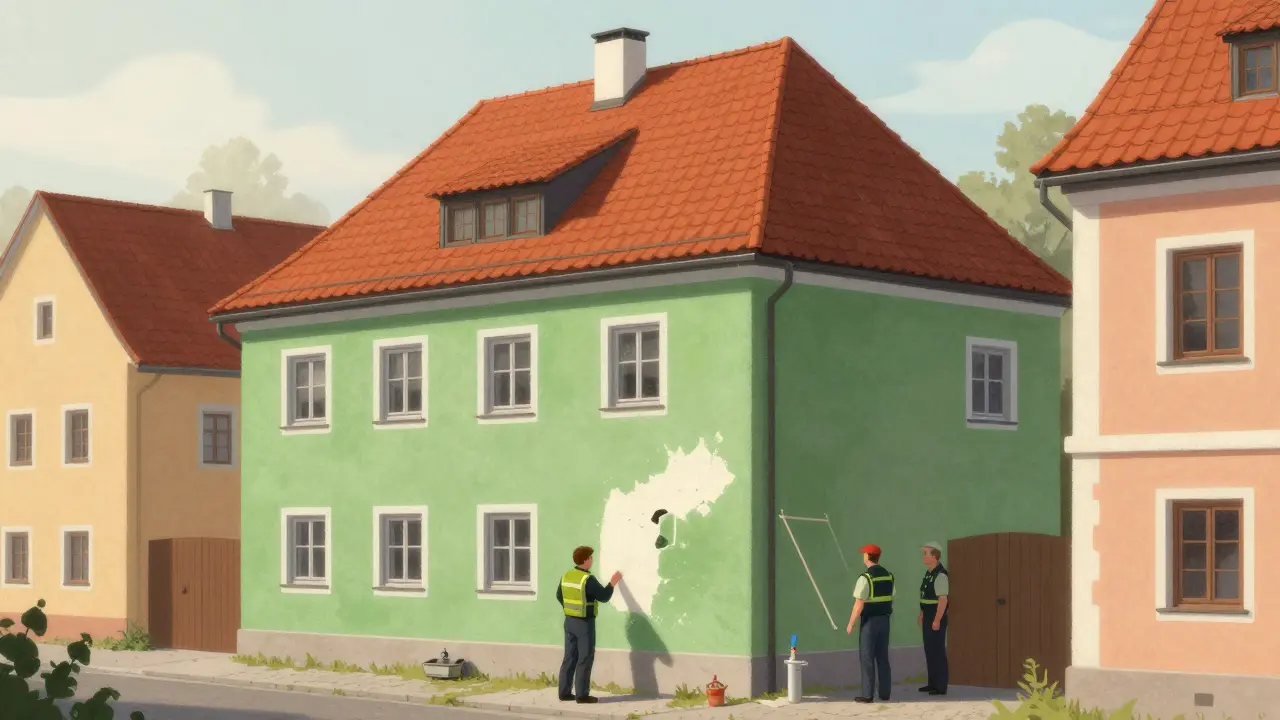 Haus in historischem Viertel mit entfernter grüner Fassadenfarbe, Behördenmitarbeiter beaufsichtigen die Rückbauarbeiten.