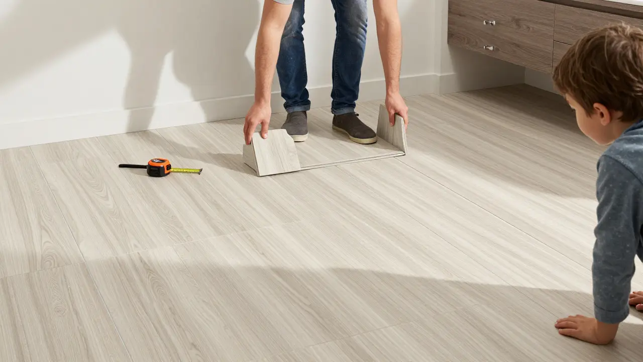 Heimwerker verlegt Vinylboden über alte Fliesen, ohne Staub oder Lärm.