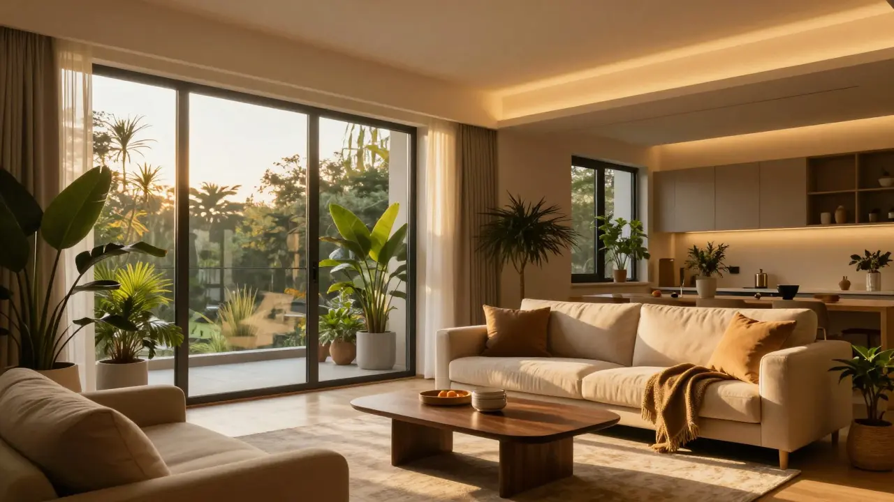 Helles Wohnzimmer mit energiesparender Tageslichtnutzung.