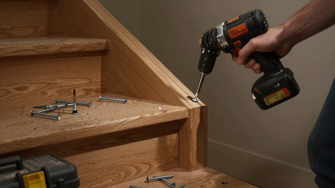 Jemand befestigt Vollgewindeschrauben von unten an einer Holztreppe, alte Nägel liegen daneben.