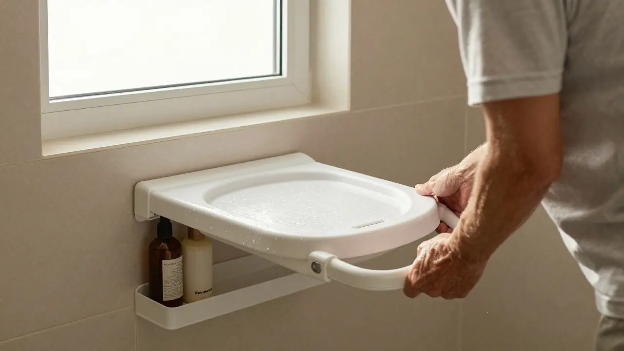 Klappbare Duschsitzbank mit Haltegriff, Duschmittel auf Ablage darunter, sanftes Licht im Badezimmer.