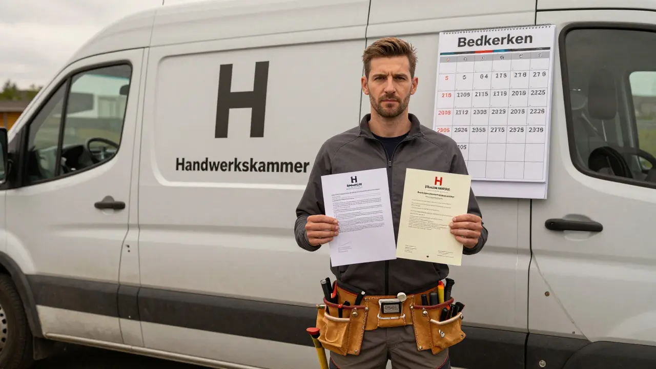 Meisterhandwerker steht vor Van mit Versicherungsnachweis und terminlich ausgelastetem Kalender, Symbol für Zuverlässigkeit.
