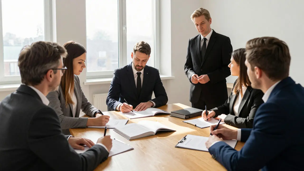 Notar und Erben bei der Unterzeichnung eines Verkaufsvertrags in einem Büro