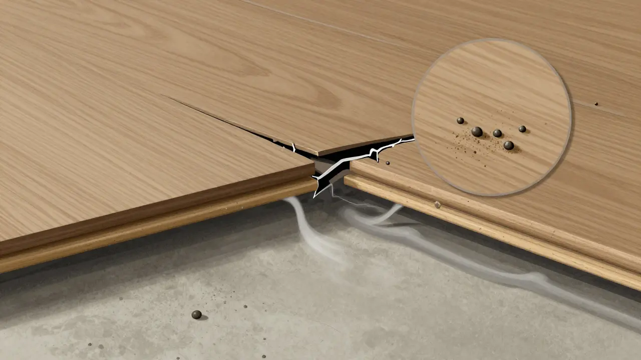 Querschnittansicht eines verklebten Vinylbodens mit Luftpolstern und Feuchtigkeit aus dem Estrich.