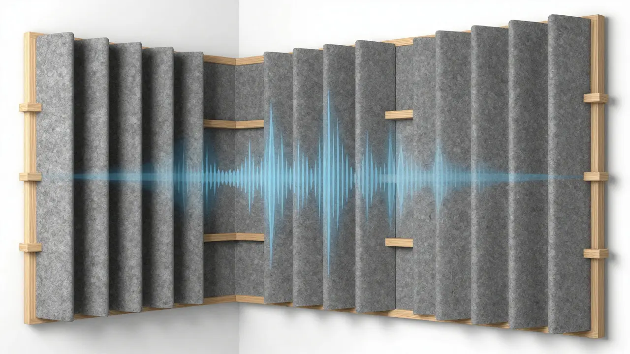 Schnittansicht einer Akustikwand mit Holzlatten, Luftspalt und Filzrückseite zur Schallabsorption.