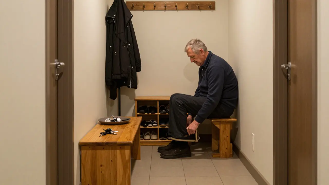 Sitzbank im Flur, ältere Person zieht Schuhe aus, Schlüssel und Brille auf der Ablage, keine Teppiche.