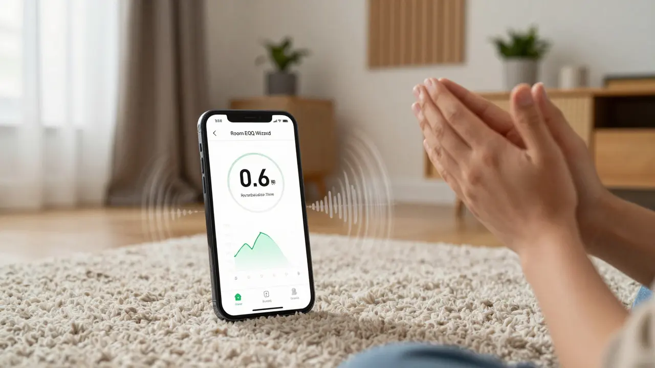 Smartphone zeigt Akustikmessung mit 0,6 Sekunden Nachhallzeit in einem Wohnraum mit Teppich und Vorhängen.