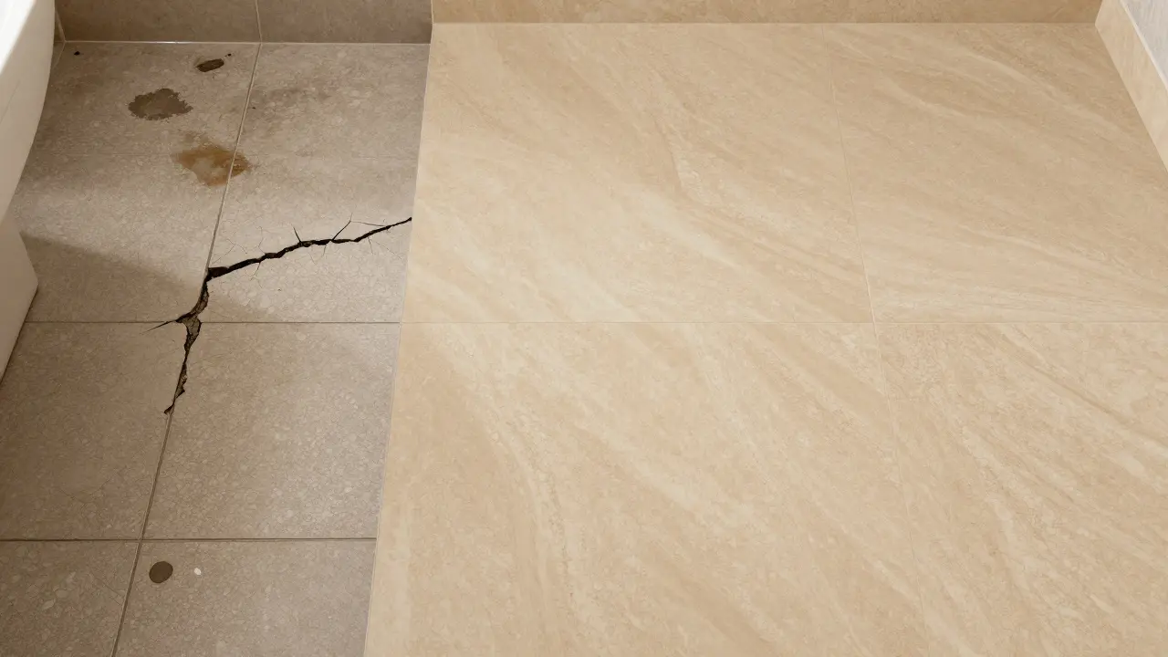 Vergleich: beschädigte Fliesen vs. nahtloser Designbelag mit Steinoptik.