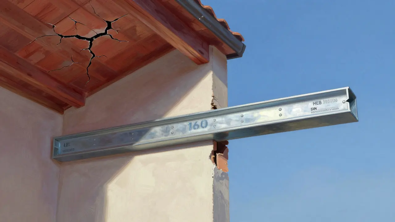 Vergleich: Beschädigtes Gebäude links, sicher verstärkte Öffnung rechts mit Stahlträger.