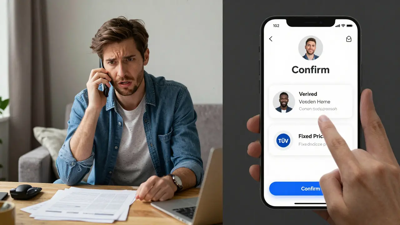 Vergleich: Verzweifelter Kunde am Telefon vs. zufriedener Kunde mit klaren digitalen Angeboten.