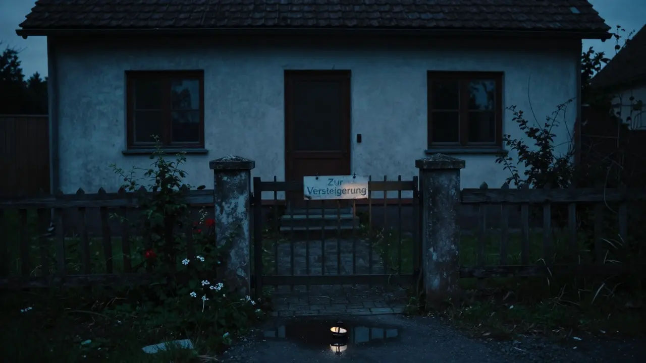 Verlassenes Familienhaus mit Versteigerungsschild am Tor bei Dämmerung