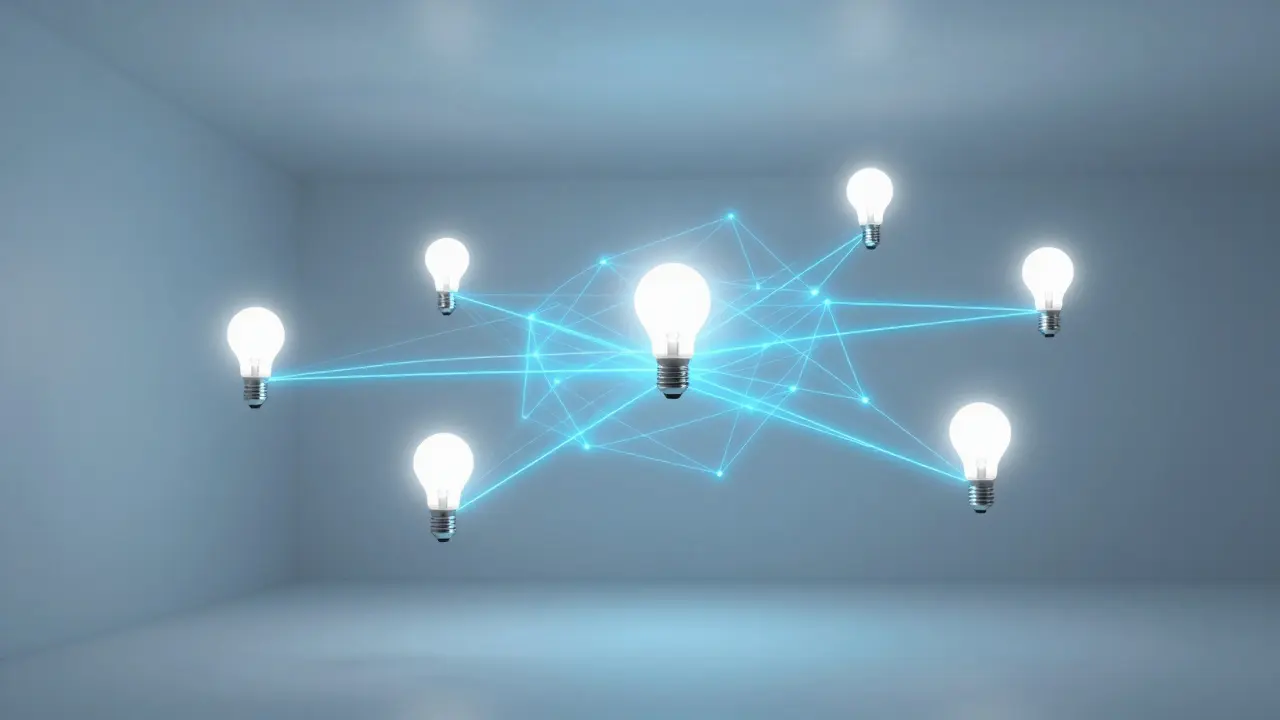 Vernetzte Smart-Home-Beleuchtung mit Sensoren im Raum.