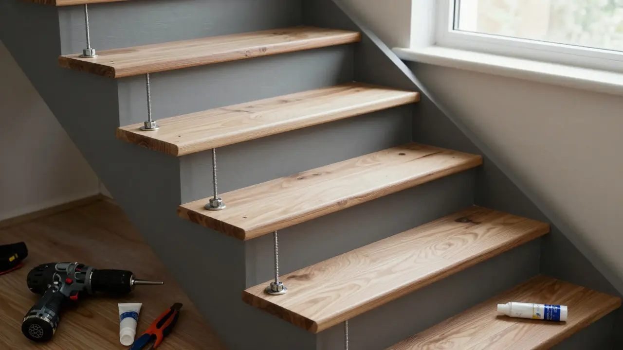 Versteckte Gewindestange spannt die Treppenwangen, Werkzeuge für Acrylmasse und Bohren liegen bereit.