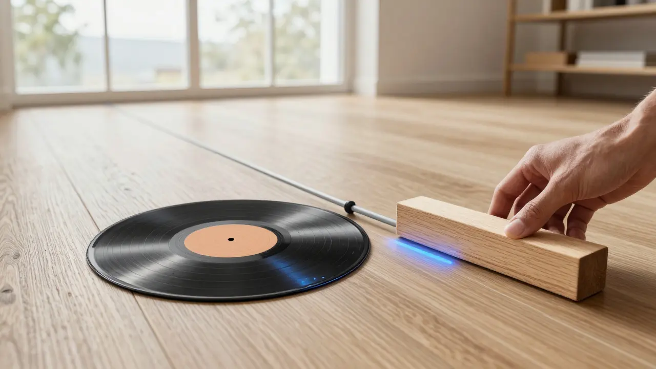 Vinylboden mit eingebauten Feuchtigkeitssensoren und Holzabstandshalter, Symbol für Technik und fachgerechte Verlegung.