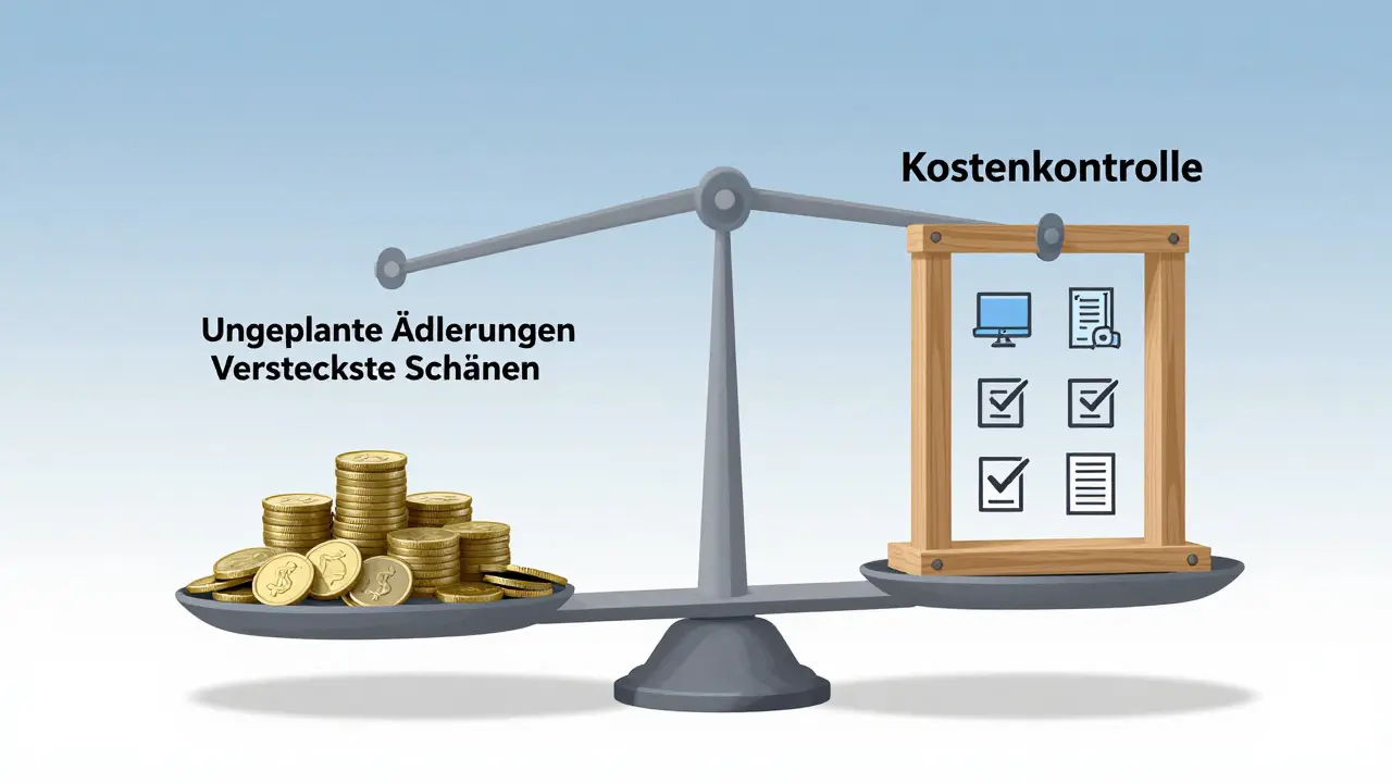 Waage mit Kostenfallen auf einer Seite und kontrollierten Prozessen auf der anderen Seite.