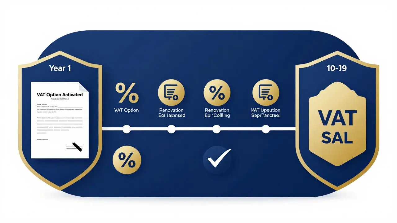 Zeitlinie einer 10-jährigen Umsatzsteueroption mit Vertragsunterzeichnung, Steuerrückerstattung und Verkauf der Immobilie.