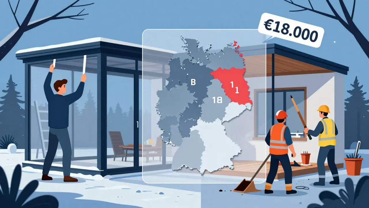 Zweiteilige Darstellung: ein Wintergarten wird aufgebaut und später wieder abgerissen, mit Hinweisen auf regionale Bauregeln Deutschlands.