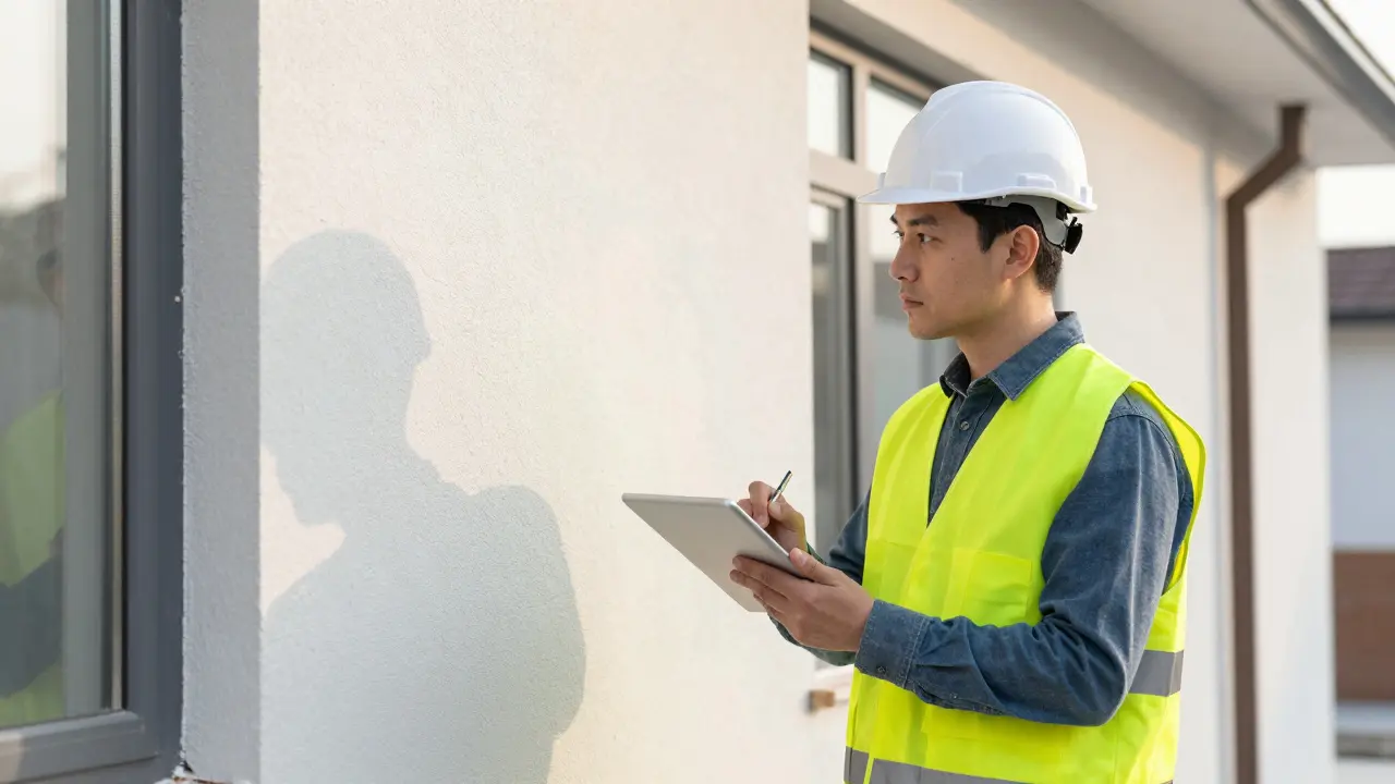 Bauleiter prüft die Qualität einer fertiggestellten Fassadendämmung.