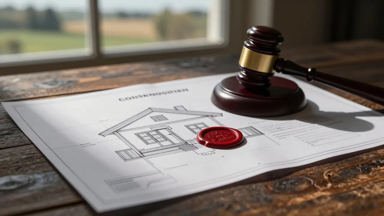 Bauplan eines Hauses mit einem Richterhammer, symbolisch für bürokratische Hürden.