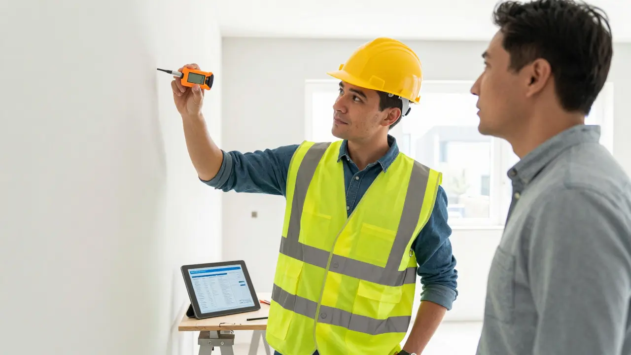 Ein Gutachter analysiert die Wandfeuchtigkeit in einem Keller während einer Beratung.