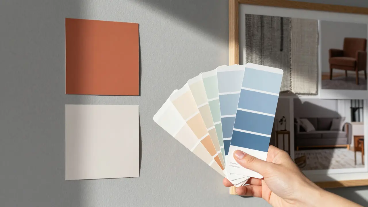 Farbmuster-Tests an einer Wand neben einem Moodboard zur Planung der Wandfarbe.