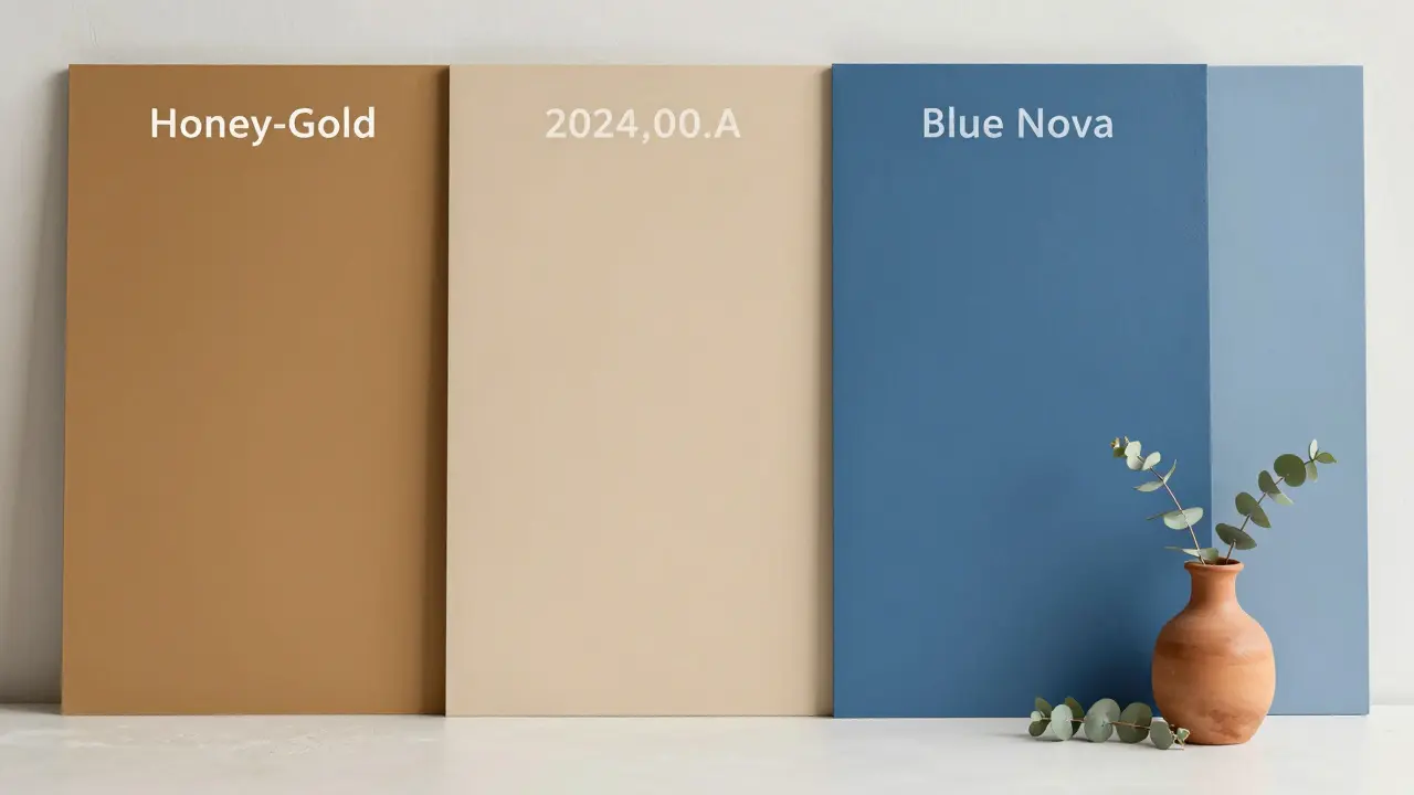 Farbmuster von Honiggold, warmem Beige und tiefem Blau auf matten Wandflächen.