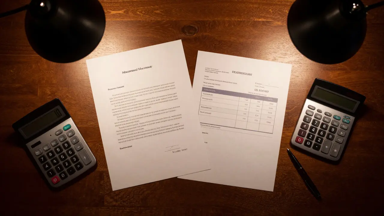 Formelles Schreiben und Kalkulation zur rechtssicheren Anpassung der Miete auf einem Schreibtisch.