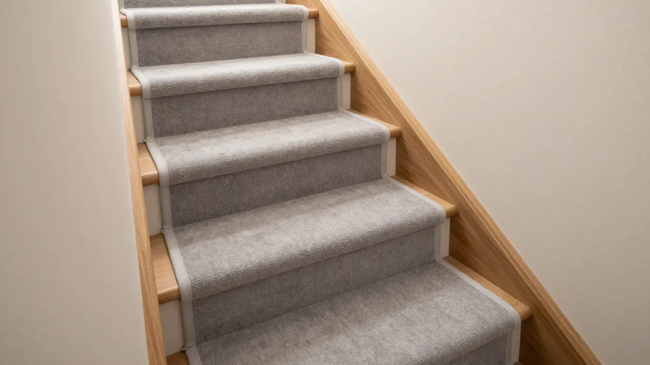Gemütliche graue Stufenteppiche auf einer hölzernen Innentreppe für mehr Sicherheit.