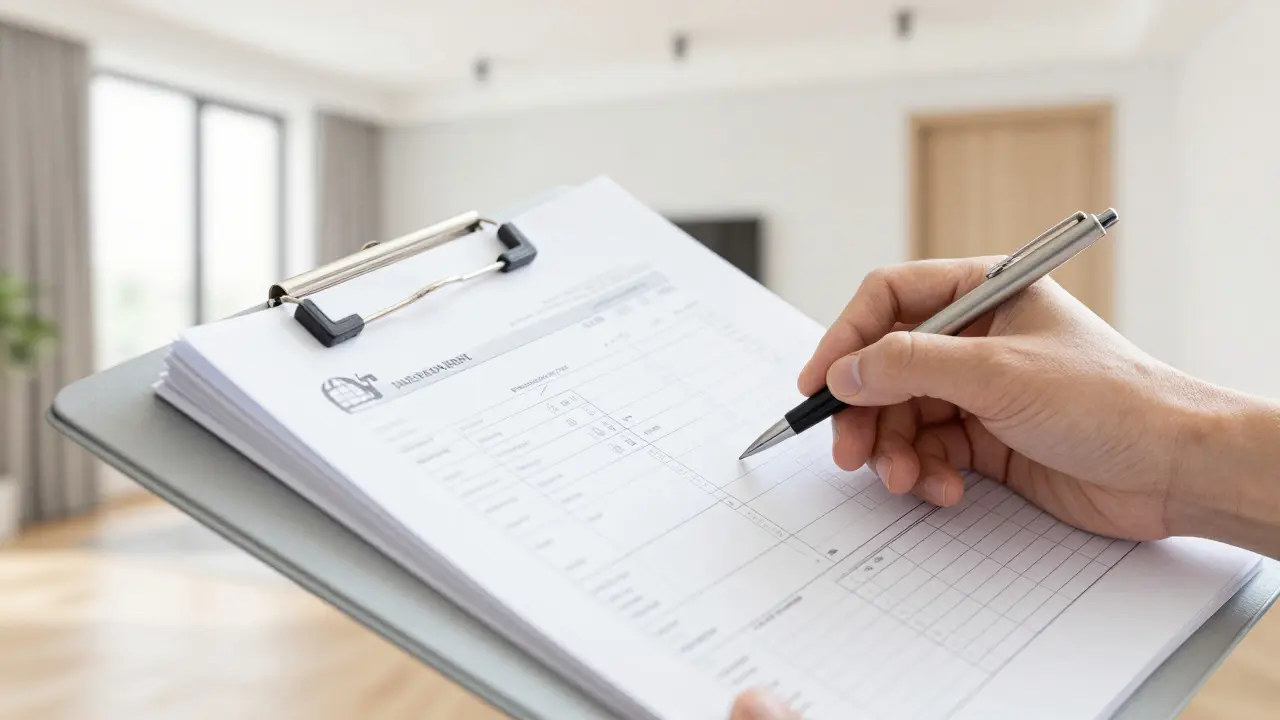Hand bei der sorgfältigen Dokumentation von Modernisierungsmaßnahmen für eine Immobilie.