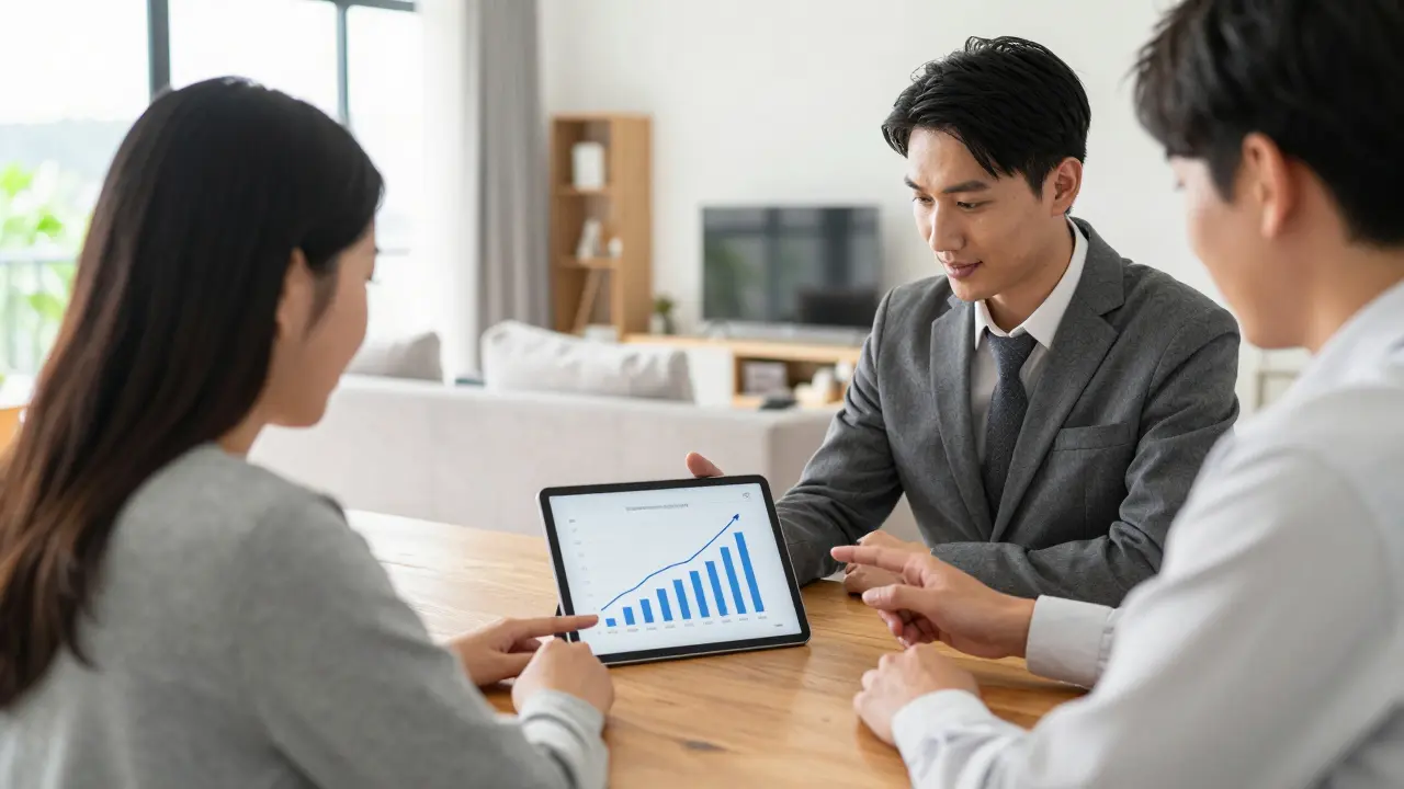 Hausbesitzer und Berater besprechen die Anpassung der Versicherungssumme an einem Tablet.
