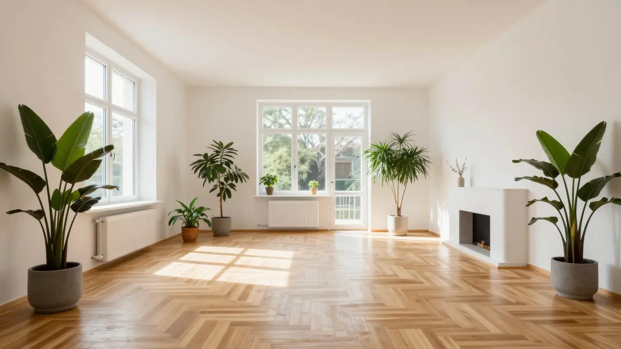 Heller, modern renovierter Wohnraum mit Parkettboden und vielen grünen Zimmerpflanzen.