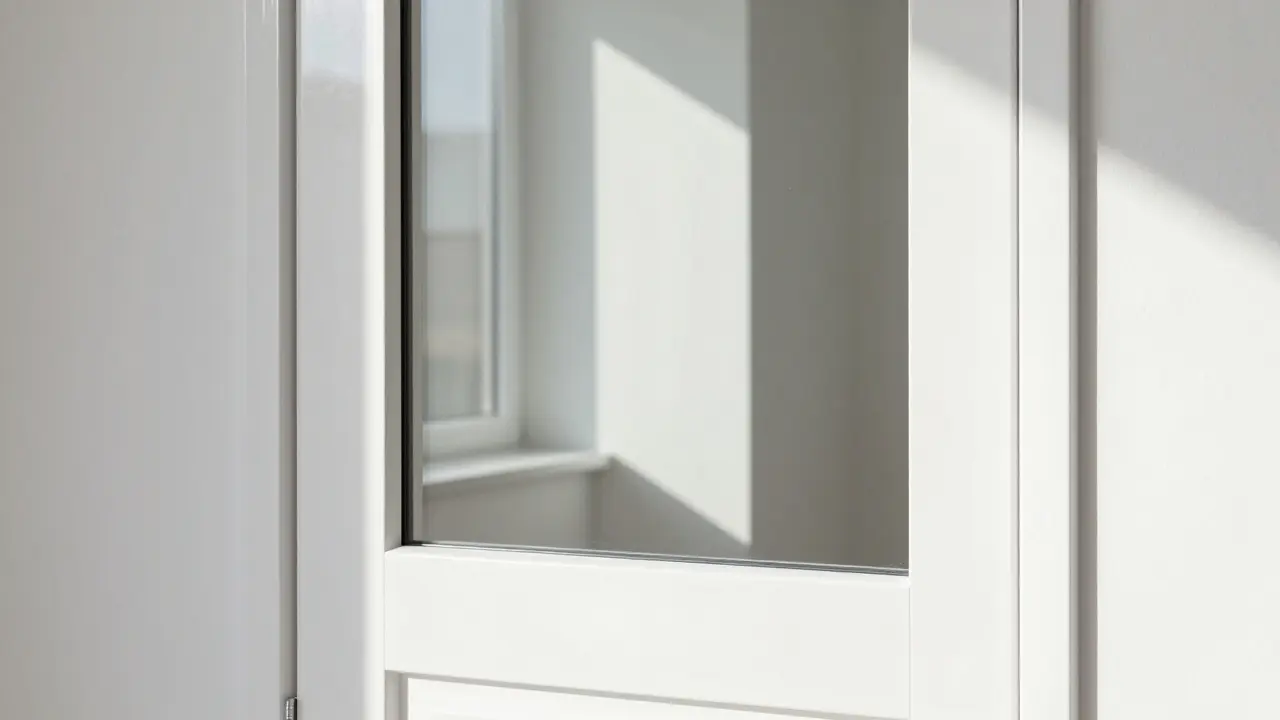 Hochglänzendes weißes Türprofil mit spiegelnder Oberfläche vor einer matten Wand.