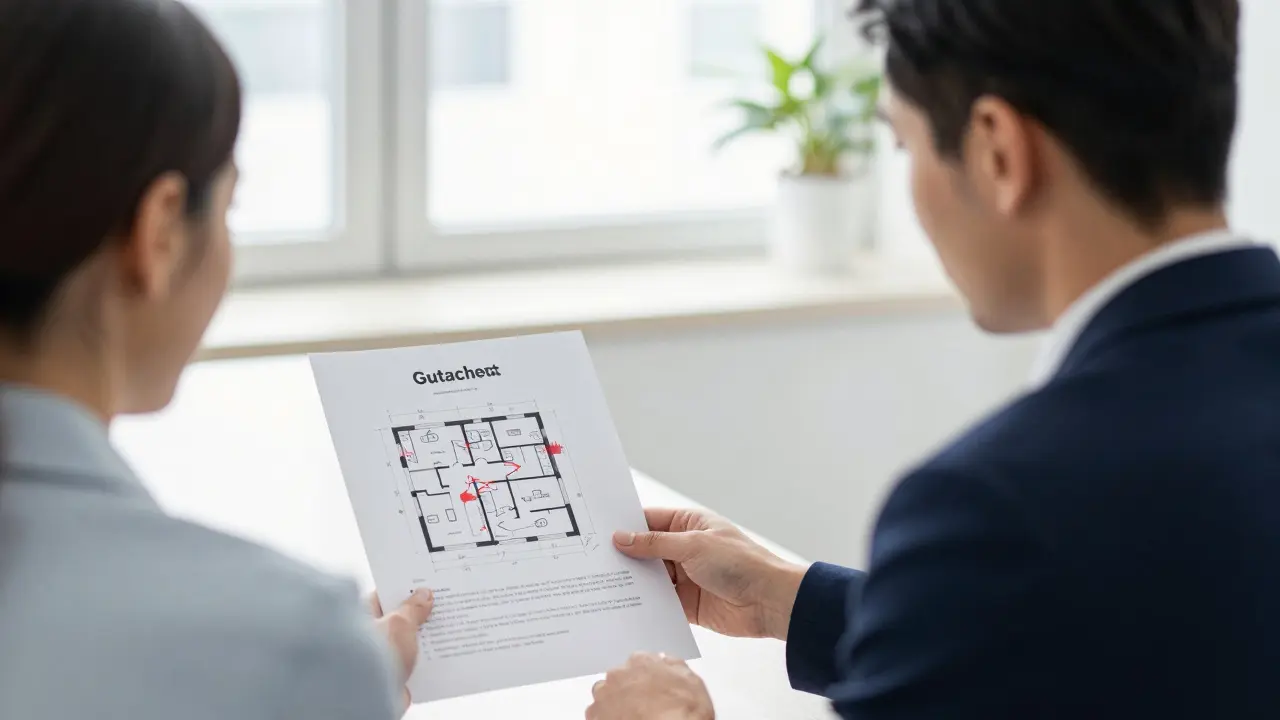 Käufer präsentiert einem Makler ein Gutachten über Mängel während einer Verhandlung.