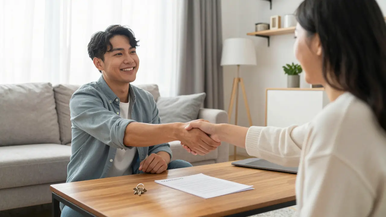 Käufer und Verkäufer schütteln sich in einer hellen Wohnung zur privaten Einigung die Hände.