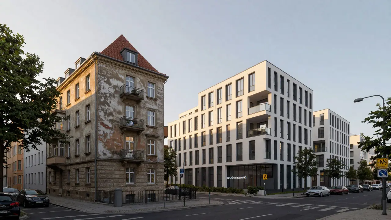Kontrast zwischen einem Altbau und einem modernen Neubau in einer deutschen Stadt.