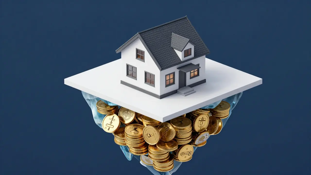 Konzeptbild eines Hauses als Eisberg, dessen Unterseite aus Steuern und Gebühren besteht.