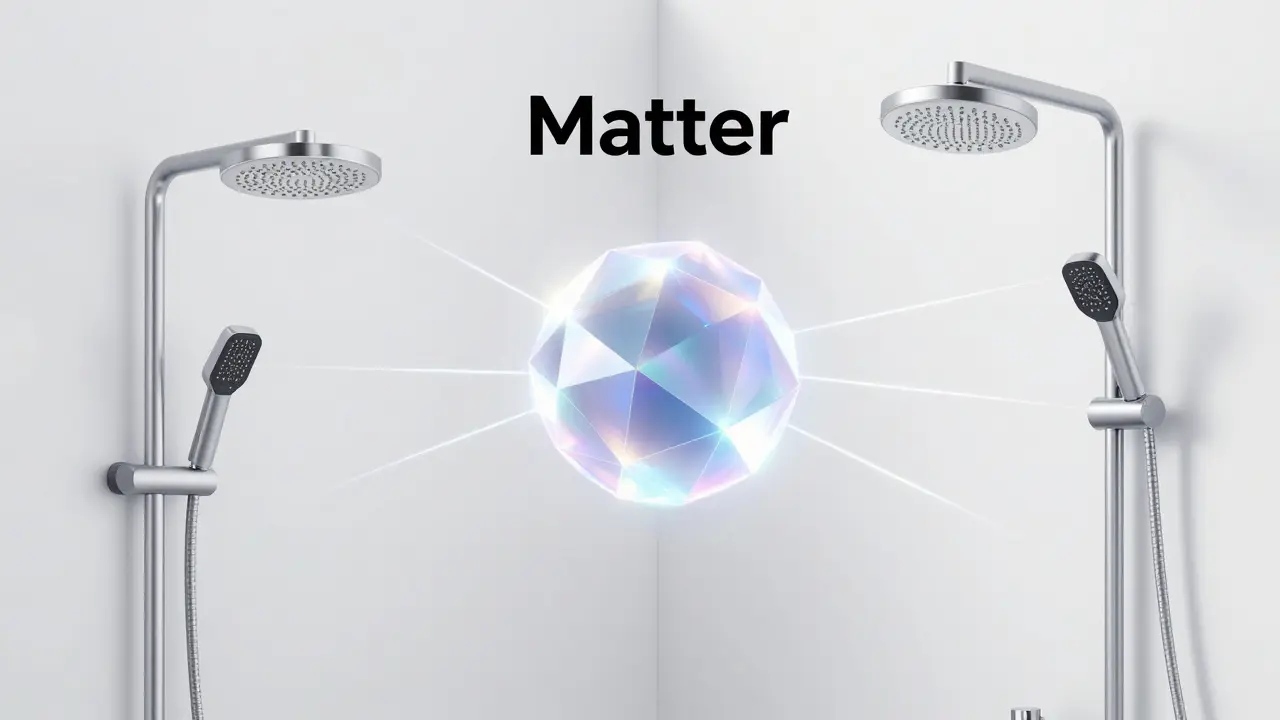 Konzeptgrafik des Matter-Standards als Verbindung zwischen verschiedenen Badgeräten.